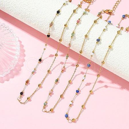 Natural & Synthetic Mixed Gemstone Faceted Round Beads Handmade Link Chain Necklaces with 316 Stainless Steel Chains NJEW-JN06059-1