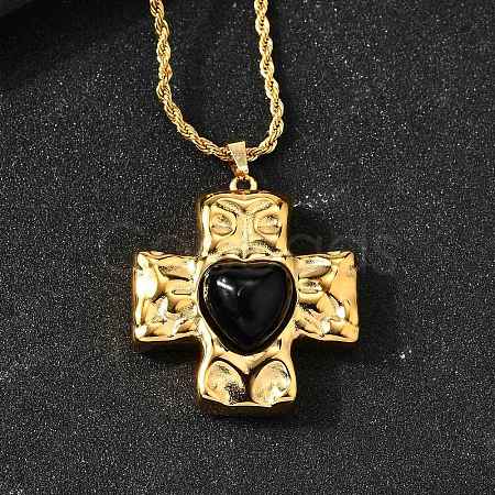 Cross with Heart 304 Stainless Steel Cubic Zirconia Pendant Necklaces NJEW-H070-01G-02-1