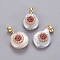 Natural Cultured Freshwater Pearl Pendants, with Brass Micro Pave Cubic Zirconia Findings, Nuggets with Flower, Long-Lasting Plated, Golden, Deep Pink, 17~27x12~16x6~12mm, Hole: 4x2.5mm