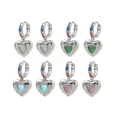 Brass Micro Pave Cubic Zirconia and Cat Eye Beads Heart Hoop Dangle Earrings KK-CBAD9DF-01P-1