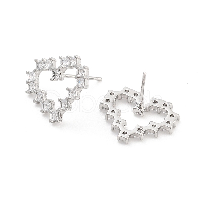 Heart Rack Plating Brass with Clear Cubic Zirconia Stud Earrings for Women EJEW-G409-04P-1