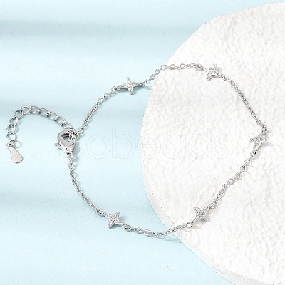 Brass Micro Pave Clear Cubic Zirconia Star Link Chain Bracelets KK-CBAED06-05P-1