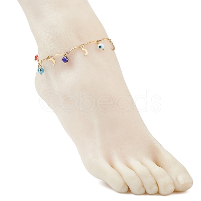 Handmade Evil Eye Lampwork & Stainless Steel Moon Tassel 304 Stainless Steel Curved Bar Link Chain Anklets for Women AJEW-AN00742-01-1
