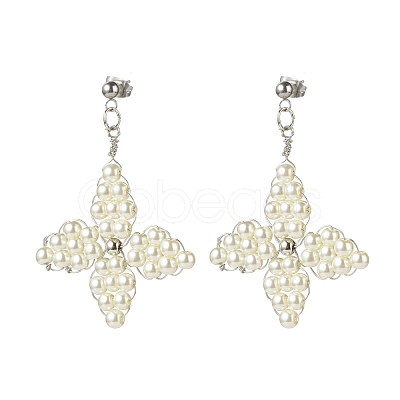 Glass Pearl Braided Star Stud Earrings EJEW-JE04982-01-1