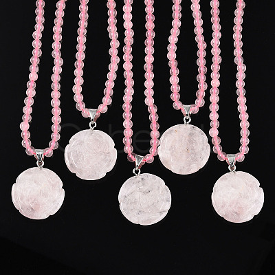 Natural Rose Quartz 4.5mm Round Beaded Flower Pendant Necklaces NJEW-T016-04O-1