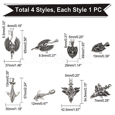 4Pcs 4 Style 304 Stainless Steel Big Pendants STAS-DC0006-21-1