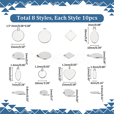 WADORN 80Pcs 8 Styles 304 & 201 Stainless Steel Stamping Blank Tag Pendants STAS-WR0001-11-1