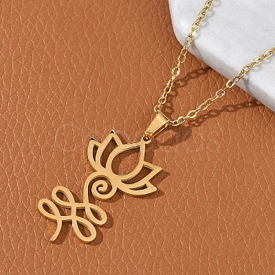 304 Stainless Steel Hollow Cut Yoga Om Lotus Flower Pendant Necklaces NJEW-Z073-02G-02-1