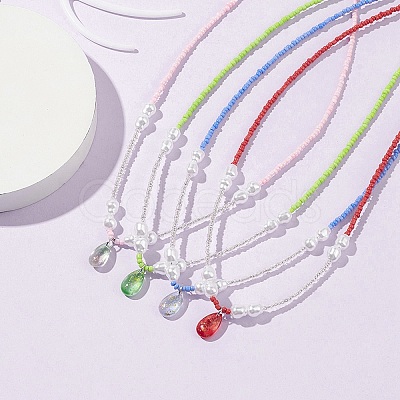 Glass Teardrop Pendant Necklace with Seed Beaded Chains NJEW-JN04333-1