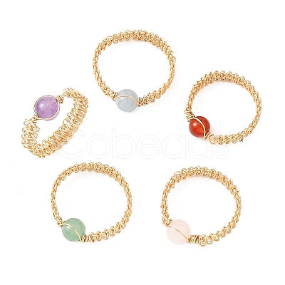 Copper Wire Wrapped Natural Gemstone Braided Bead Rings for Women RJEW-JR00951-1