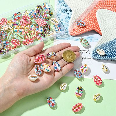 60Pcs 12 Styles Printed Natural Shell Beads BSHE-CJ0001-10-1