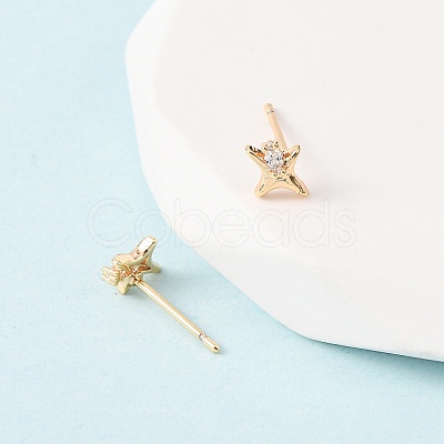 Brass Micro Pave Clear Cubic Zirconia Star Stud Earrings EJEW-L278-02G-1