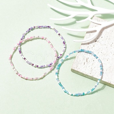 3Pcs 3 Style Glass Seed Beaded Anklets Set AJEW-AN00541-1