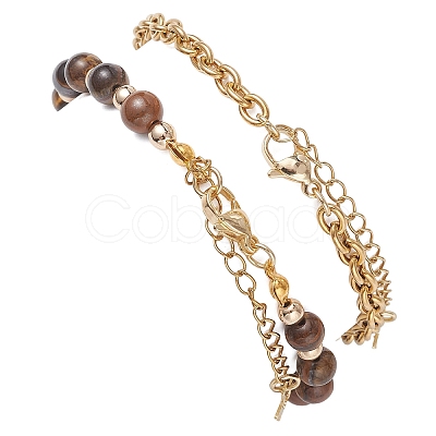 2Pcs 2 Styles Round Natural Grade AB Tiger Eye & Synthetic Hematite Beaded Bracelets & 304 Stainless Steel Cable Chains Bracelets for Women BJEW-JB12800-01-1