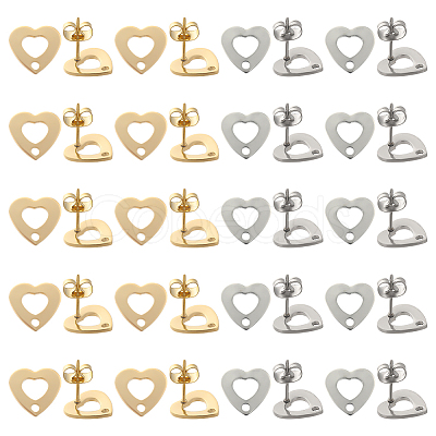 40Pcs 2 Color 201 Stainless Steel Heart Stud Earring Findings STAS-SC0005-30-1