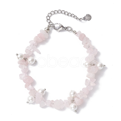Natural Rose Quartz Chip & Glass Shell Round Beaded Bracelets BJEW-JB12303-03-1