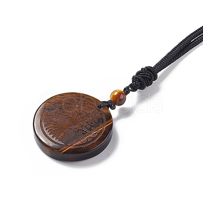 Natural Gemstone Flat Round with Tree of Life Pendant Necklace with Nylon Cord for Women NJEW-P274-03-1