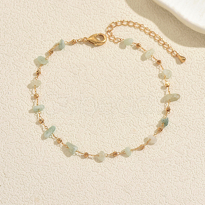 Beach Natural Green Aventurine Chip Beads Brass Anklets for Women GS4287-3-1