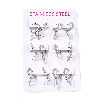 6Pairs Crystal Rhinestone Cross Dangle Hoop Earrings with 304 Stainless Steel Pin for Women EJEW-F280-04P-1