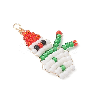 2Pcs 2 Colors Christmas Glass Seed Beaded Snowman Pendants PALLOY-MZ00940-1