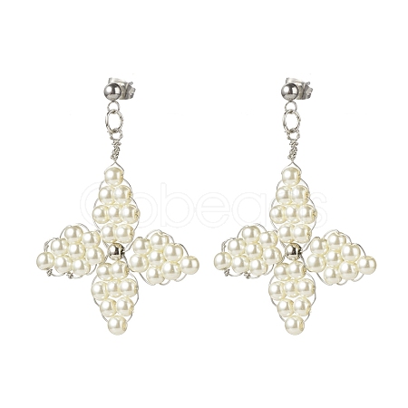 Glass Pearl Braided Star Stud Earrings EJEW-JE04982-01-1