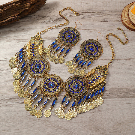 Flat Round Alloy Rhinestone Pendant Necklaces & Dangle Earrings Sets for Women FS-WG4A221-03-1