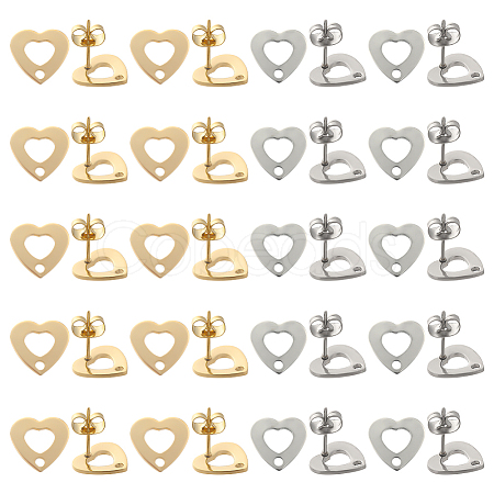 40Pcs 2 Color 201 Stainless Steel Heart Stud Earring Findings STAS-SC0005-30-1