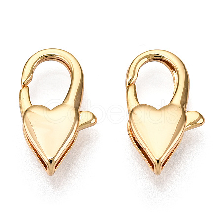 Brass Heart Lobster Claw Clasps X-KK-N254-14G-1