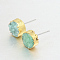 Flat Round Natural Druzy Agate Stud Earrings, with Golden Plated Brass Findings, Pale Green, 10x6~7mm, Pin: 0.8mm