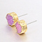 Flat Round Natural Druzy Agate Stud Earrings, with Golden Plated Brass Findings, Orchid, 10x6~7mm, Pin: 0.8mm