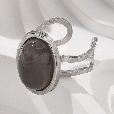 Oval Natural Grey Agate Finger Rings RJEW-M062-02P-12-1