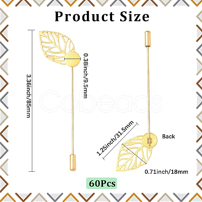 60Pcs Leaf Stainless Steel Round Tray Stick Lapel Pins JEWB-SC0001-75C-1