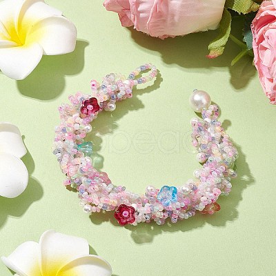 Flower Glass Seed Braided Beaded Bracelets BJEW-MZ00059-1