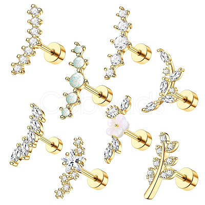 8Pcs 8 Styles Brass Micro Pave Clear Cubic Zirconia and Acrylic Cartilage Earrings WG69006-01-1