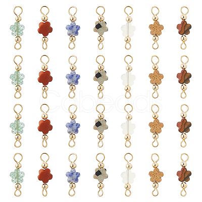42Pcs 7 Styles Opalite & Natural Picture Jaspe & Blue Spot Jasper & Dalmatian Jasper & Unakite & Green Strawberry Quartz & Red Jasper Flower Connector Charms PALLOY-FH00163-1