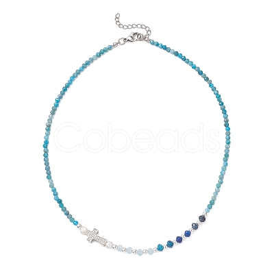 Natural Apatite Faceted Round and Dyed Malaysia Jade & Pearl Beaded Necklaces with Brass Micro Pave Clear Cubic Zirconia Cross NJEW-JN05975-02-1