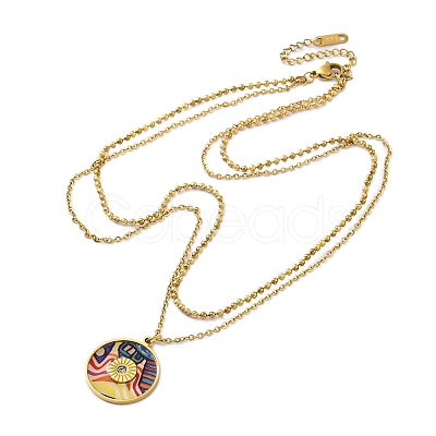 304 Stainless Steel & Plastic Colorful Flat Round Pendant Double Layer Necklaces for Women NJEW-U032-05G-1