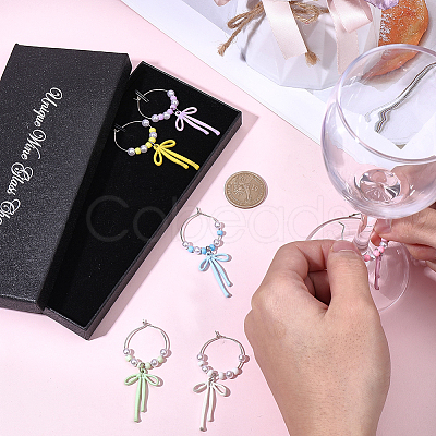 6Pcs 6 Colors Alloy Enamel Bowknot Glass Seed Beaded Wine Glass Charms AJEW-SC00076-1
