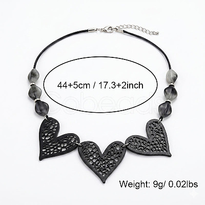 Boho Hollow Black Wood Heart and Nuggets Resin Beaded Bib Necklaces WG28F53-01-1