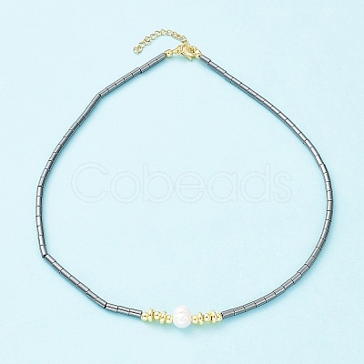 Synthetic Hematite & Natural Pearl Beaded Necklace NJEW-M201-02B-1