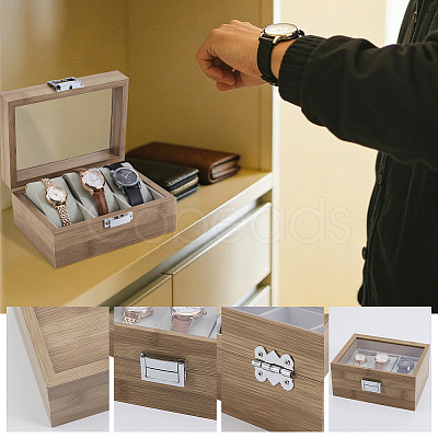 3-Slot Wooden Watch Display Cases with Glass Window Lid and Velvet Pillow Inside CON-WH0043-306B-1