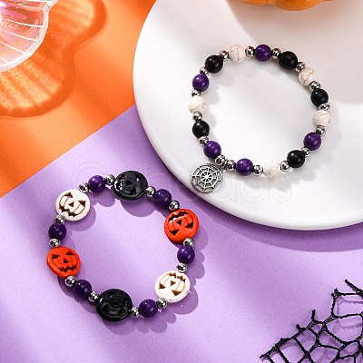 2Pcs Glass & Synthetic Turquoise Beads Stretch Bracelets BJEW-JB12483-01-1