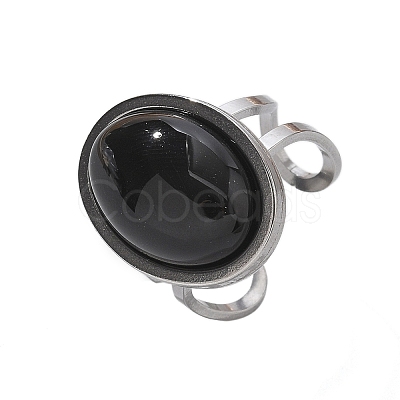 Oval Natural Black Agate Finger Rings RJEW-M062-02P-03-1