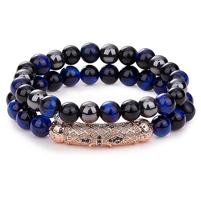 2Pcs 2 Style Dyed & Heated Natural Tiger Eye & Gemstone Stretch Bracelets Set BJEW-SW00090-1