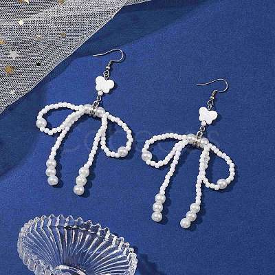 Bowknot with Star Natural Shell & Glass Seed Dangle Earring EJEW-MZ00123-1