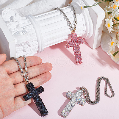 Polymer Clay Rhinestone Cross Pendant Alloy Chain Necklaces NJEW-CN0001-16C-1