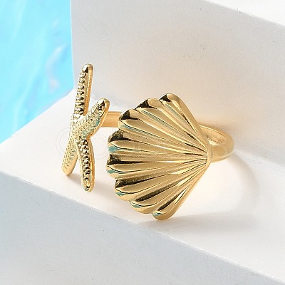 304 Stainless Steel Starfish & Shell Open Cuff Rings for Women RJEW-C095-09G-1
