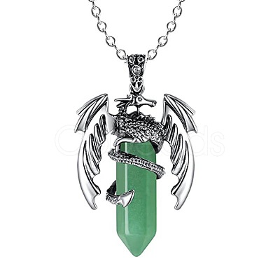 Natural Green Aventurine Bullet with Dragon Pendant Necklace with Zinc Alloy Chains PW-WG99720-02-1