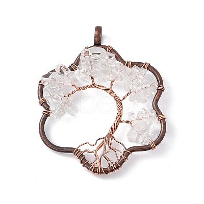 Flower Natural Quartz Crystal Copper Wire Wrapped Chip Big Pendants G-E195-12R-02-1