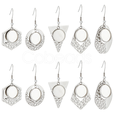 Beebeecraft 20Pcs 5 Style Hexagon & Teardrop & Flat Round & Polygon 304 Stainless Steel Dangle Earring Settings FIND-BBC0002-50-1